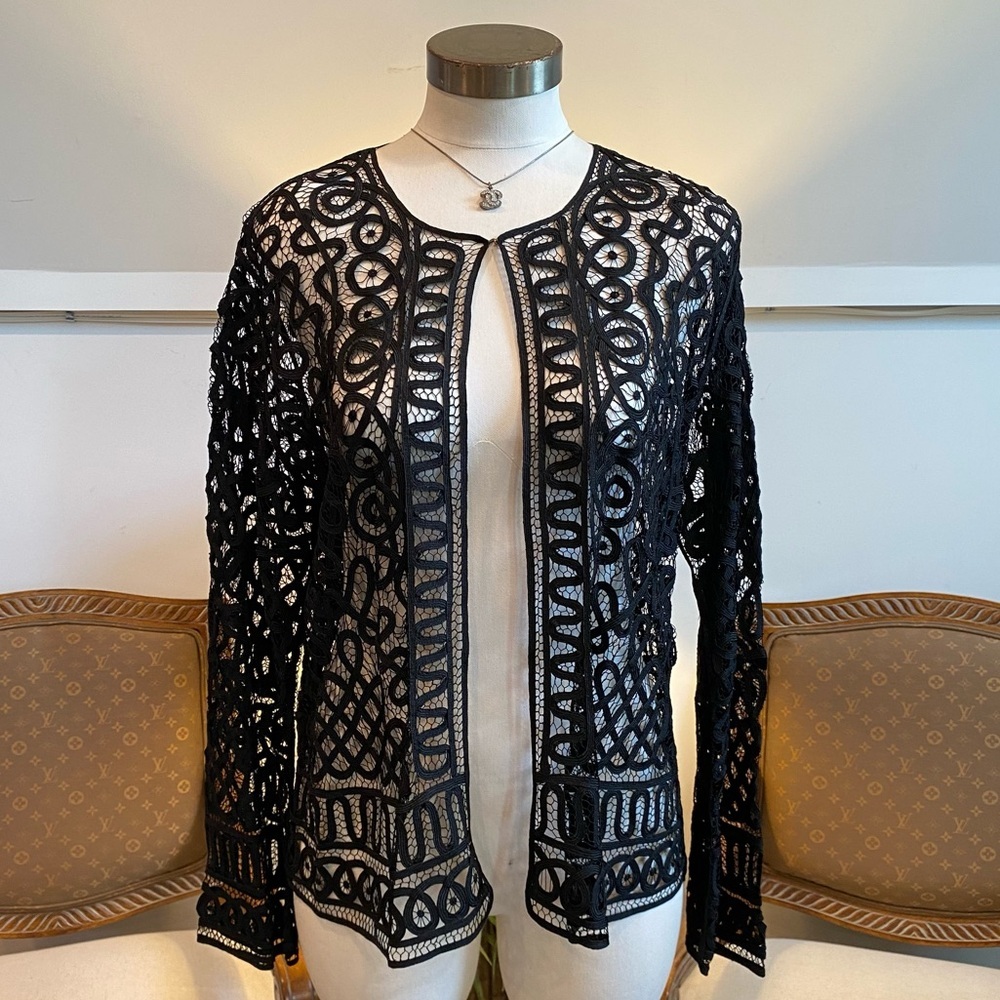 Chicos Boho Open Lace Black Long Sleeve Cardigan